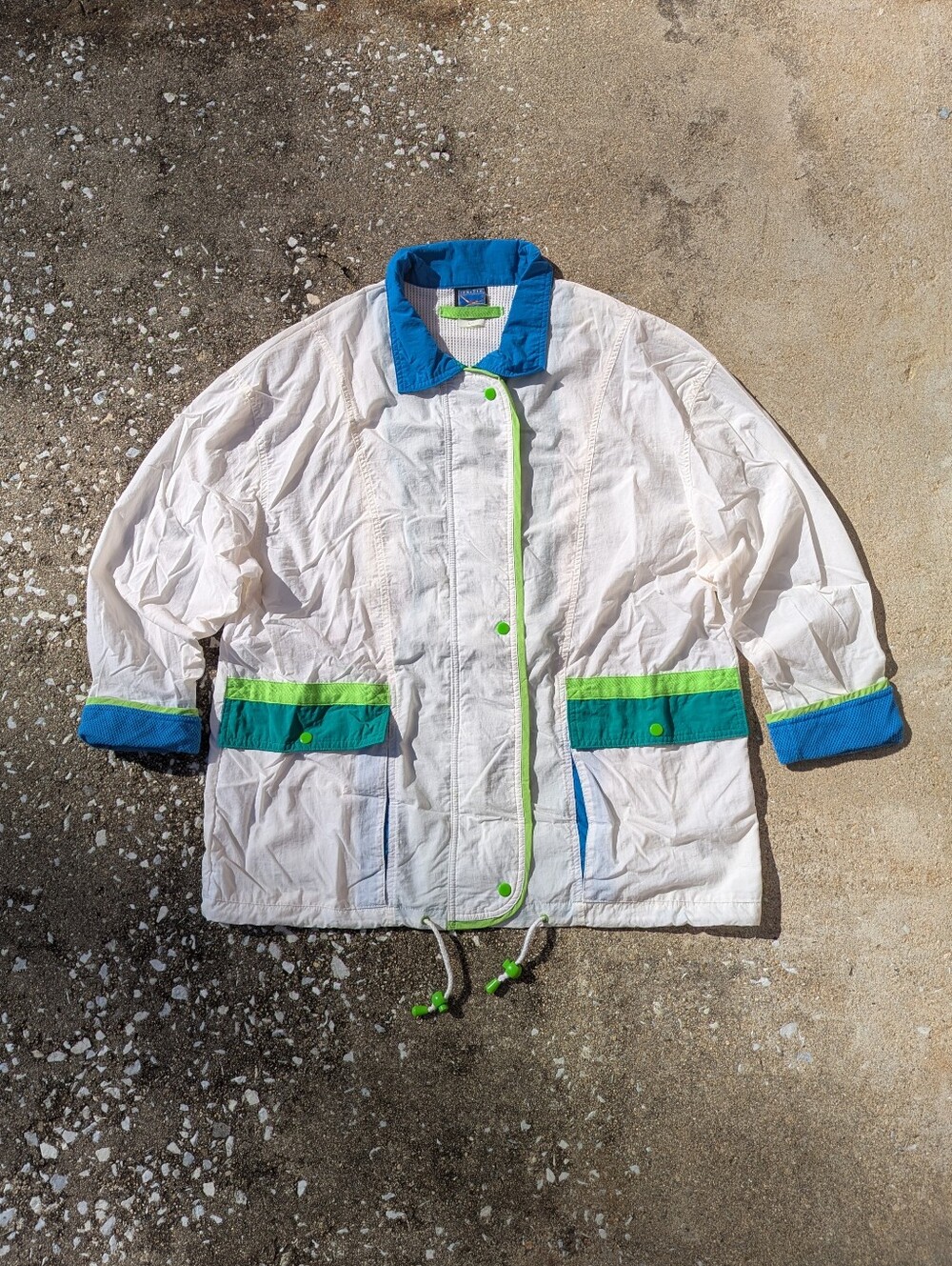 Vintage Jantzen White Windbreaker Jacket with Blue And Lime Green Trim
